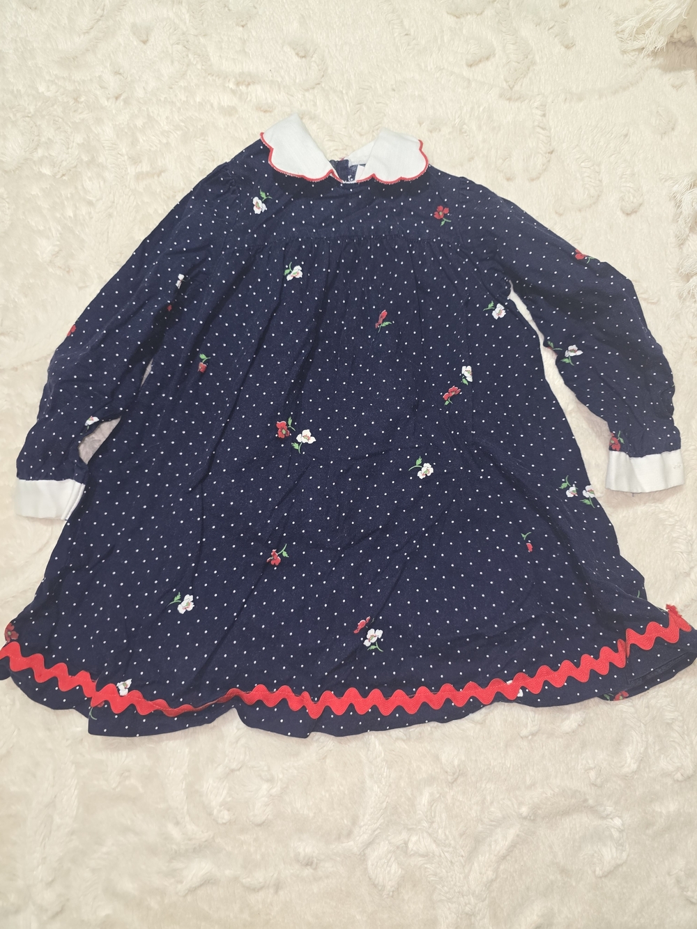 Girls Navy Blue Polka Dot Floral Dress with White Scallop Collar